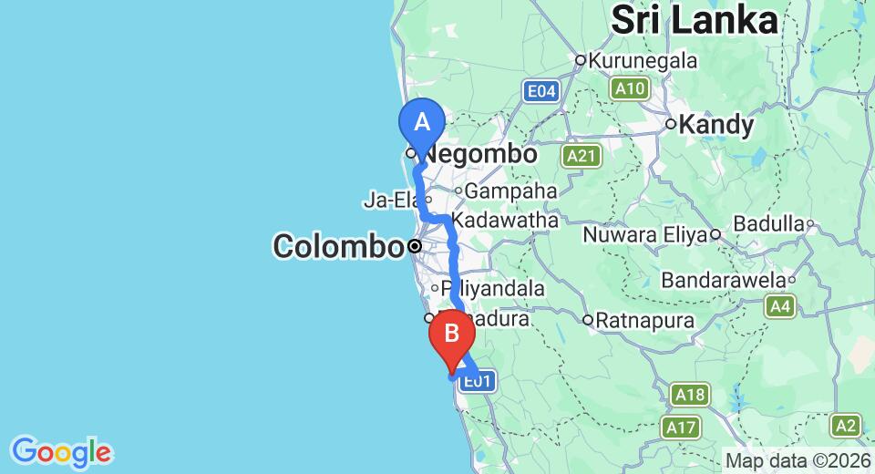Driving route map: Colombo Airport (CMB) to Roy Villa Beach Hotel, Beruwala (94 km, approx 1 h 31 min private transfer)