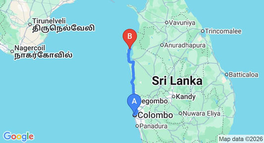 Driving route map: Colombo Seaport to Kalpitiya (169 km, approx 3 h 44 min private transfer)