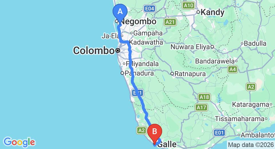Driving route map: Colombo Airport (CMB) to Thambili House by Edwards Collection, Galle (154 km, approx 2 h 15 min private transfer)