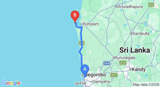 Driving route map: Colombo Airport (CMB) to Ilanthiadiya Beach Hotel, Kalpitiya (118 km, approx 2 h 51 min private transfer)