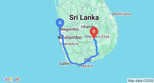Driving route map: Colombo Airport (CMB) to Leisure Dream Inn, Ella (335 km, approx 4 h 55 min private transfer)