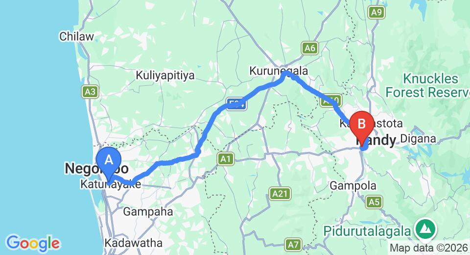 Driving route map: Colombo Airport (CMB) to Galaha Tea Bungalow, Peradeniya (114 km, approx 2 h 51 min private transfer)