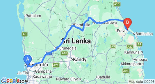 Driving route map: Colombo Airport (CMB) to Hotel Nirutha, Batticaloa (277 km, approx 5 h 39 min private transfer)