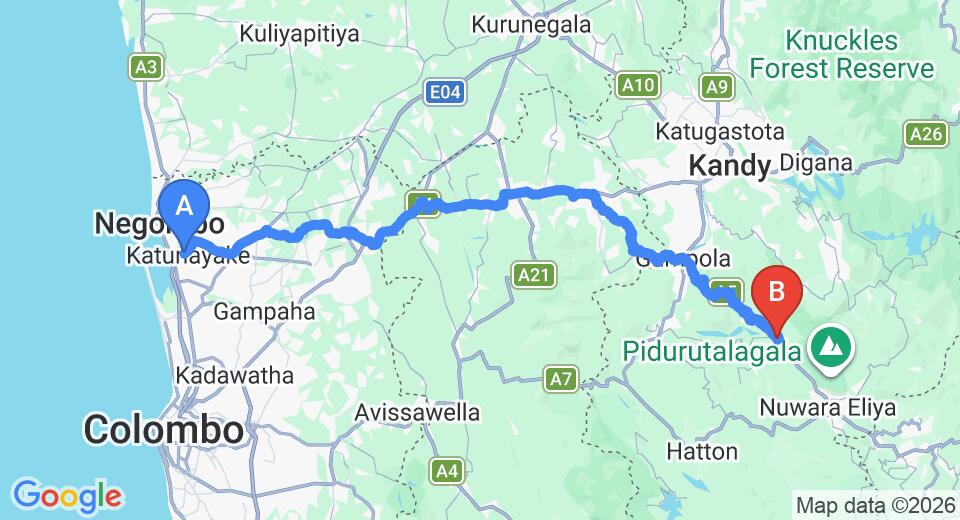 Driving route map: Colombo Airport (CMB) to Thuruliya lodge, Ramboda (137 km, approx 4 h 7 min private transfer)
