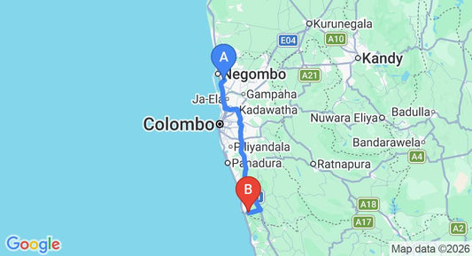 Driving route map: Colombo Airport (CMB) to Dalmanuta Gardens, Bentota (104 km, approx 1 h 32 min private transfer)