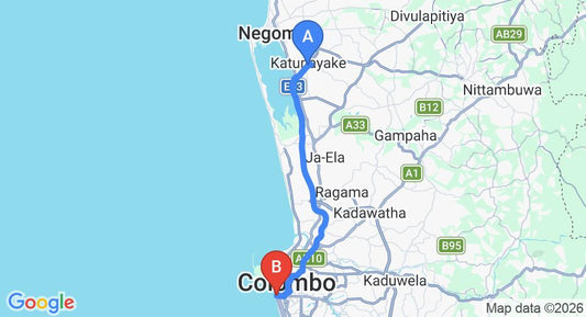Driving route map: Colombo Airport (CMB) to Dwell, Colombo (35 km, approx 48 min private transfer)