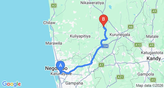 Driving route map: Colombo Airport (CMB) to Panadaragama (77 km, approx 1 h 52 min private transfer)