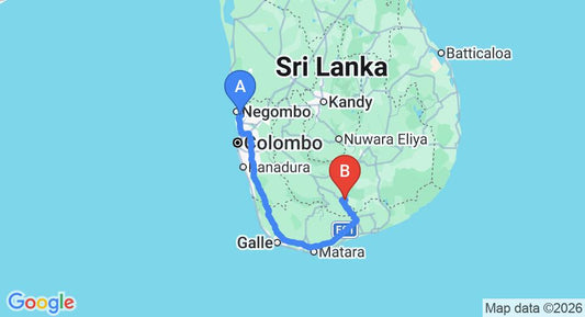 Driving route map: Colombo Airport (CMB) to Walawa Cottage, Udawalawe (260 km, approx 3 h 40 min private transfer)