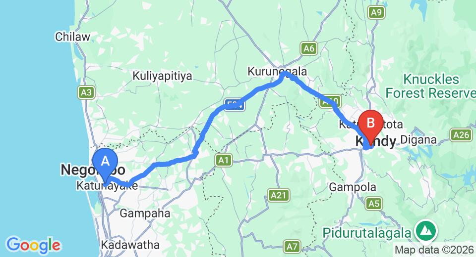 Driving route map: Colombo Airport (CMB) to Shanaka Holiday Home, Kandy (114 km, approx 2 h 51 min private transfer)