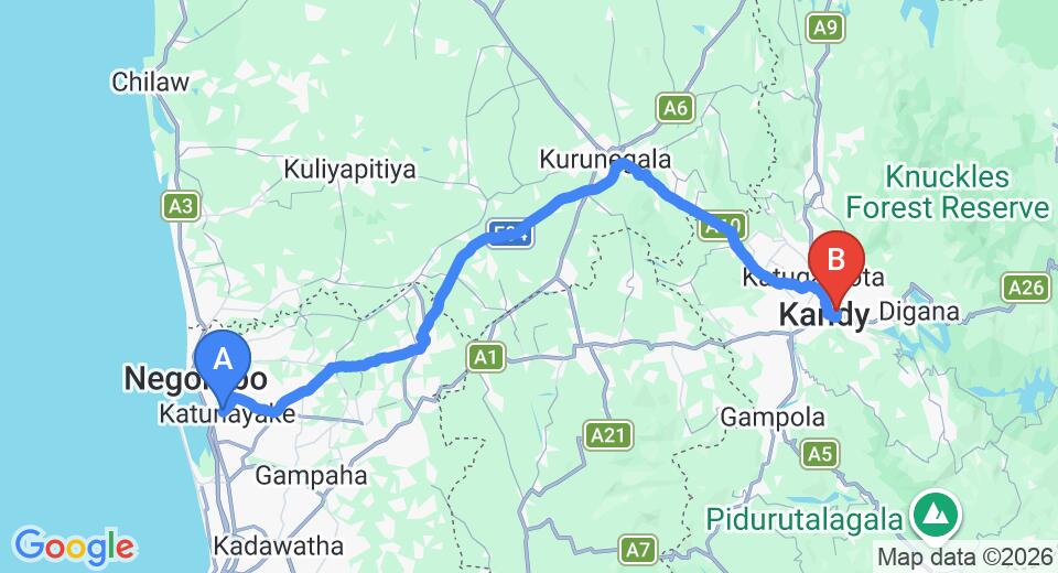 Driving route map: Colombo Airport (CMB) to Hotel Sunray, Kandy (117 km, approx 2 h 58 min private transfer)