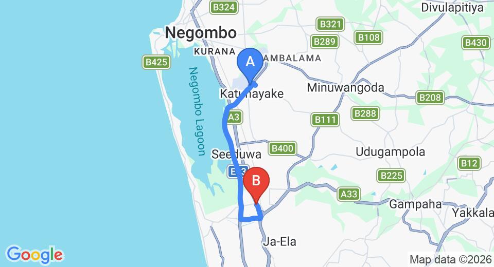 Driving route map: Colombo Airport (CMB) to Blue Gum, Ja Ela (14 km, approx 20 min private transfer)