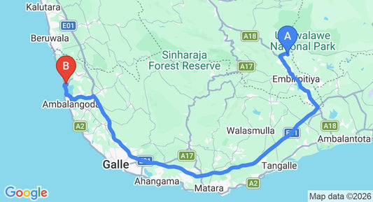 Driving route map: Udawalawe to Ahungalla (162 km, approx 2 h 39 min private transfer)