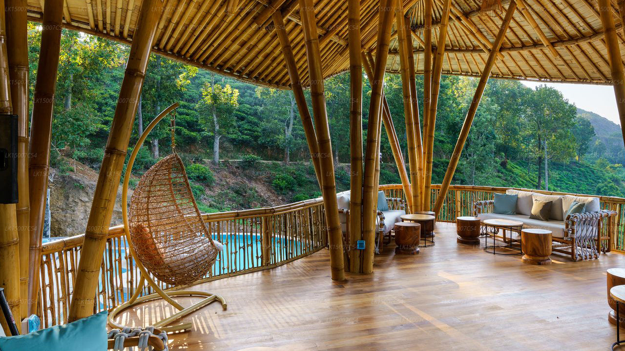 Bamboo deck with swing chair and lounge seating overlooking lush green hills at a luxury eco-resort.