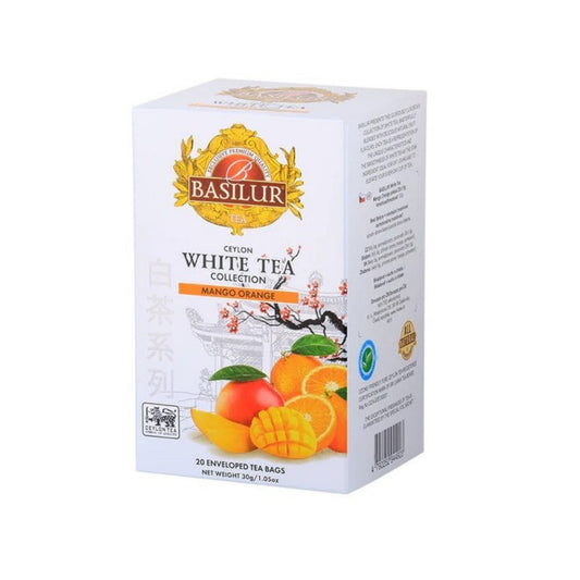 BASILUR – AROMATISIERTER WEISSER TEE – BOX – TEEBEUTEL MIT PAPIERUMSCHLAG – MANGO ORANGE (30 g)