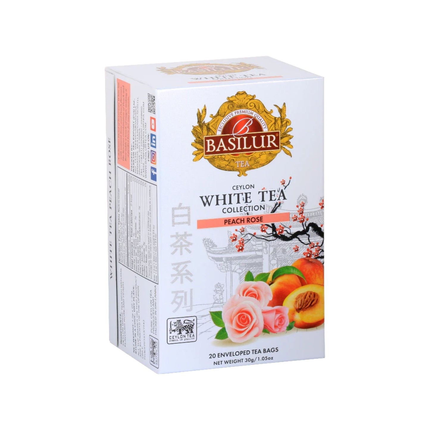 BASILUR – AROMATISIERTER WEISSER TEE – BOX – TEEBEUTEL MIT PAPIERUMSCHLAG – PFIRSICH ROSE (30g)