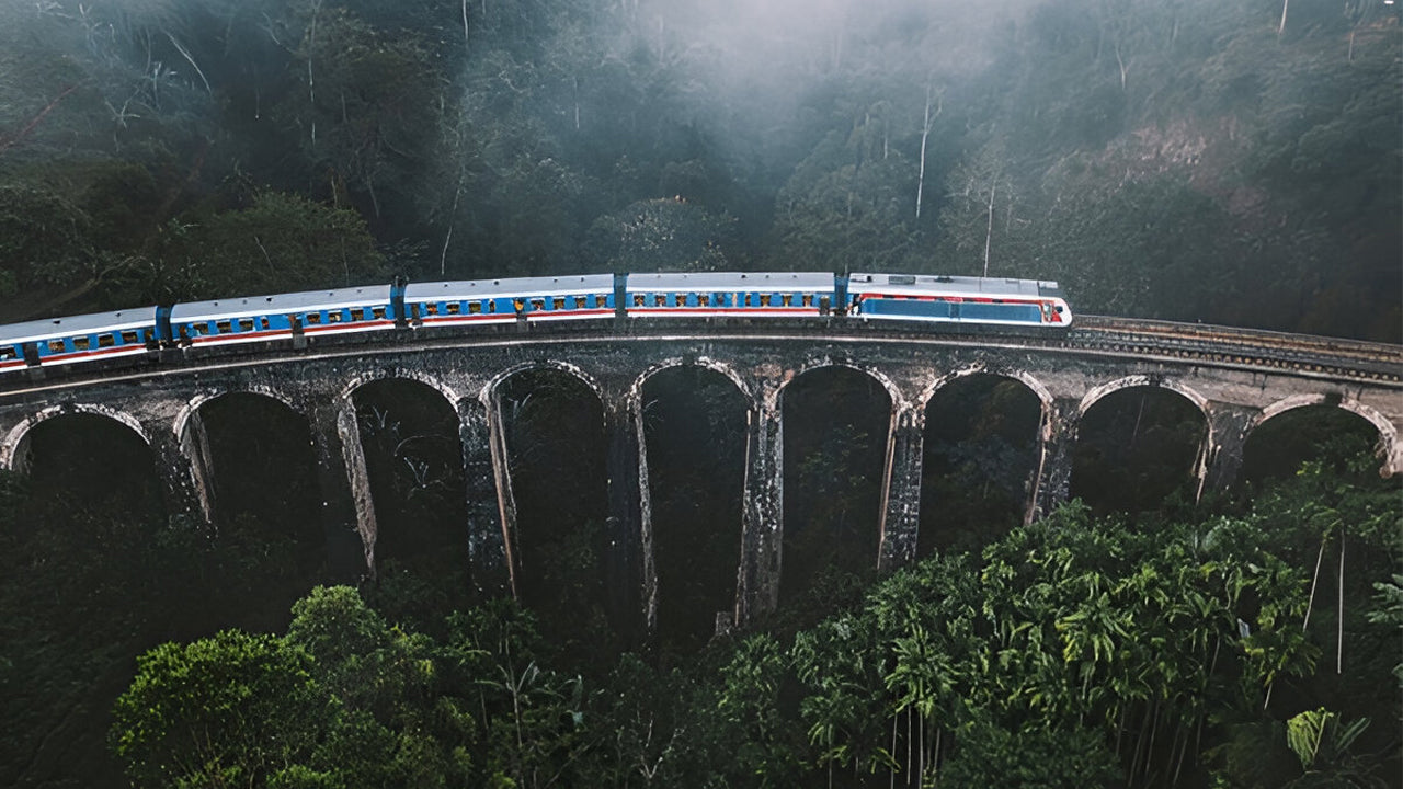 Train on a scenic railway bridge surrounded by lush greenery