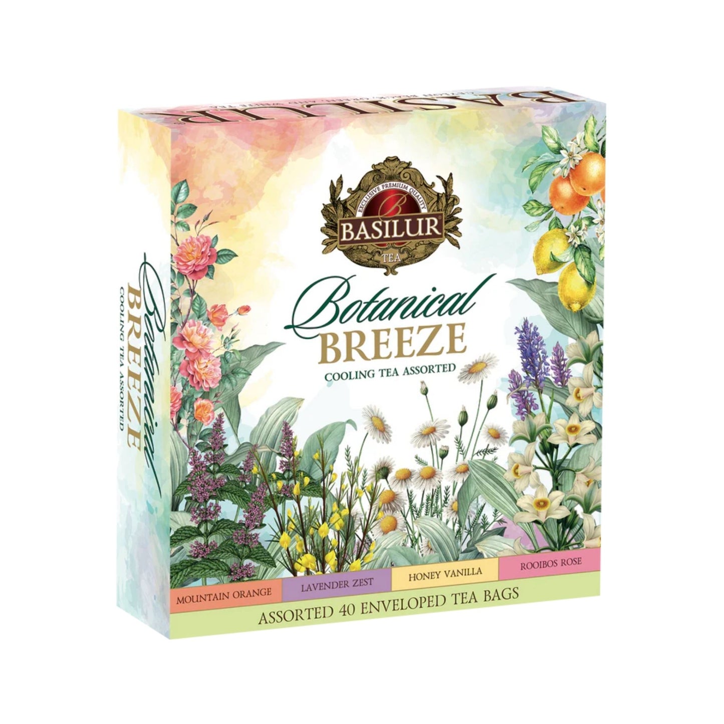 BASILUR BOTANICAL BREEZE – BOX – AROMATISIERTER GRÜNER TEE, AROMATISIERTER SCHWARZER TEE UND AROMATISIERTER WEISSER TEE – TEEBEUTEL MIT FOLIE UND PAPIER UMSCHLAG – KÜHLTEES SORTIERT (80 g)
