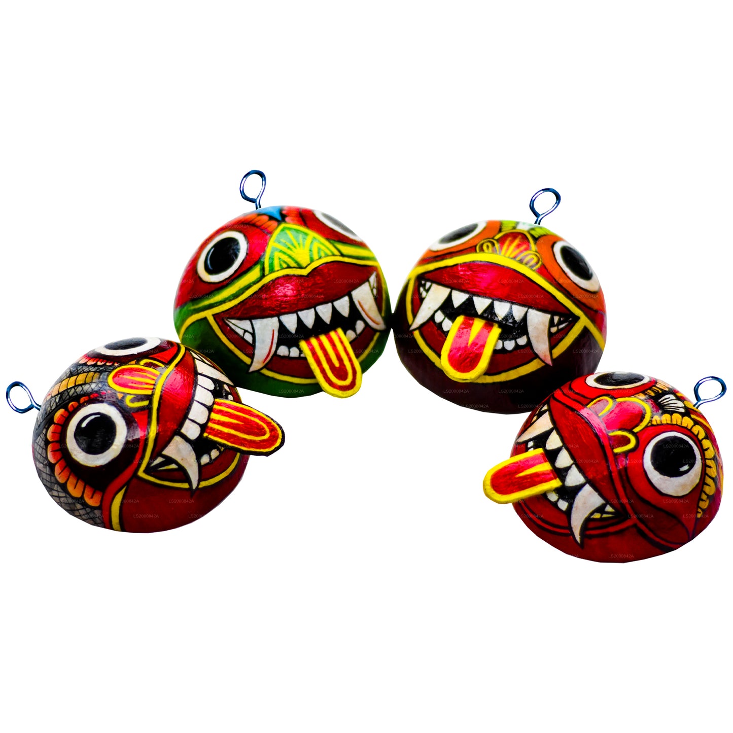 Traditionelle Raksha-Masken aus Sri Lanka (Mayura, Maru, Agni, Naga), bemalt über Kokosnussschalen, 4 Stück
