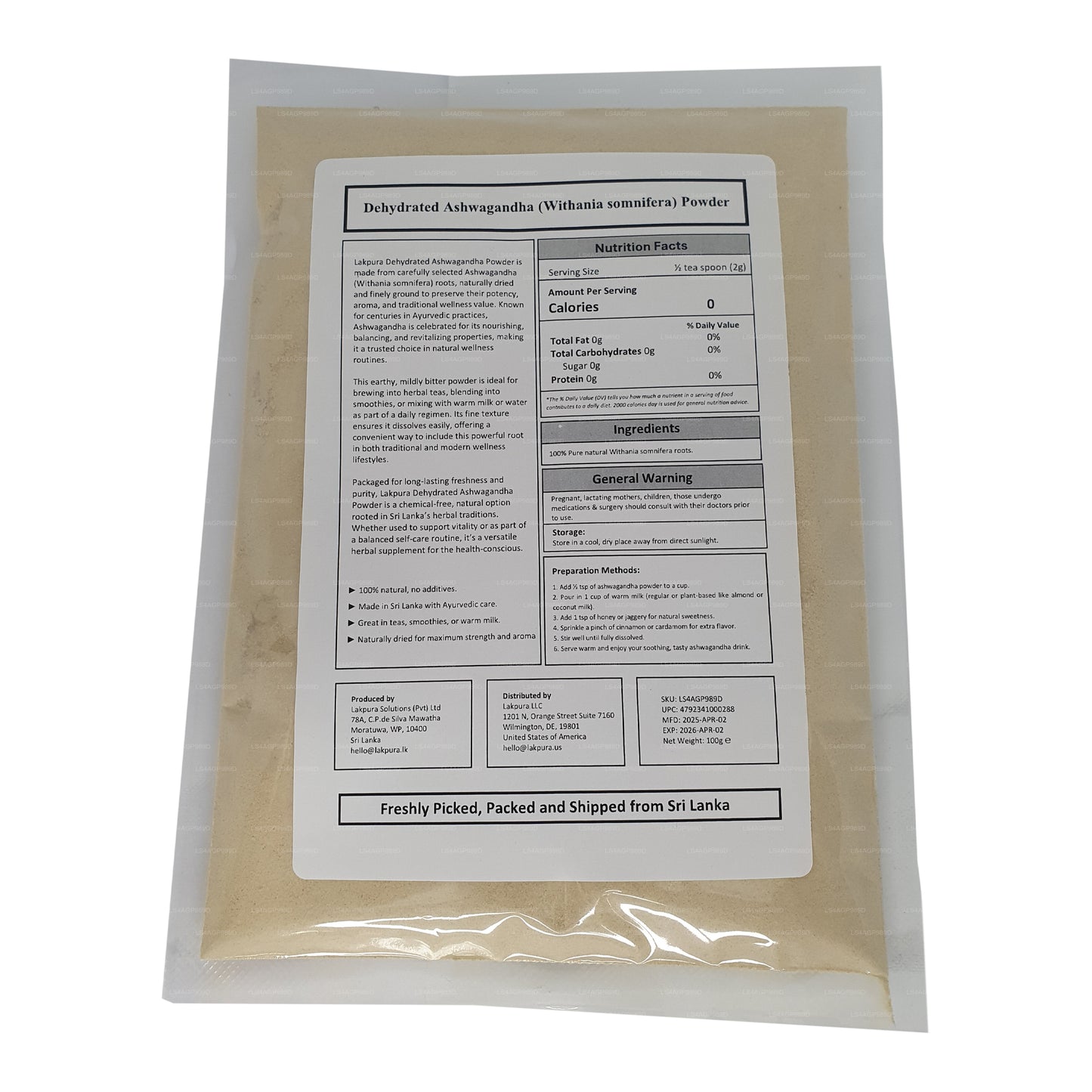 Lakpura dehydriertes Ashwagandha-Pulver (100 g)