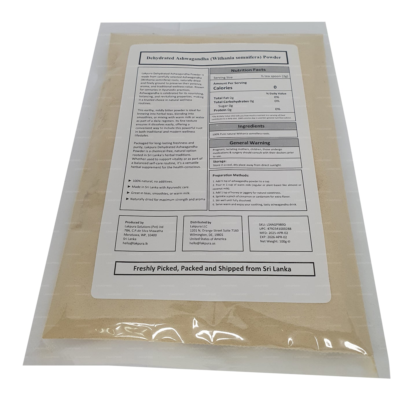 Lakpura dehydriertes Ashwagandha-Pulver (100 g)