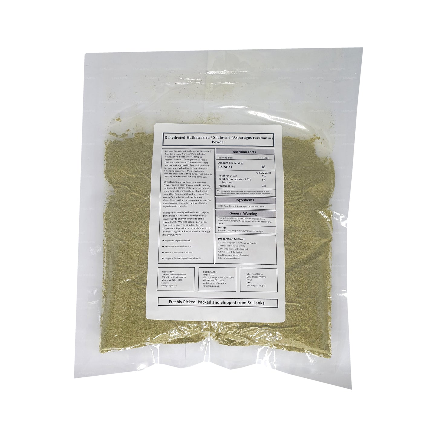 Lakpura Dehydriertes Hathawariya (Shatavari) -Pulver (100 g)