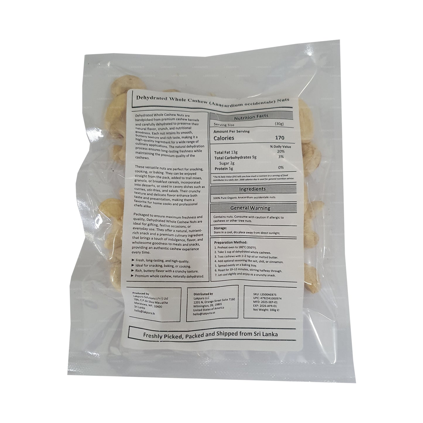 Lakpura dehydrierte ganze Cashewnüsse (100 g)