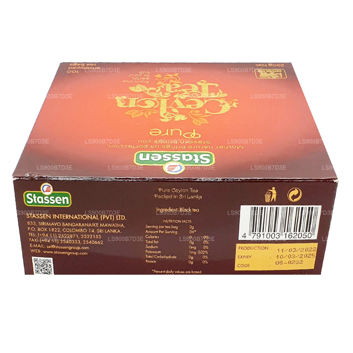 Stassen Pure Ceylon Schwarztee (200 g) 100 Teebeutel