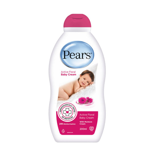 Pears Active Floral Baby Cream (200ml) nourishes skin with rich moisture and five floral fragrances, preventing dryness and leaving it soft, smooth, and delicately scented.