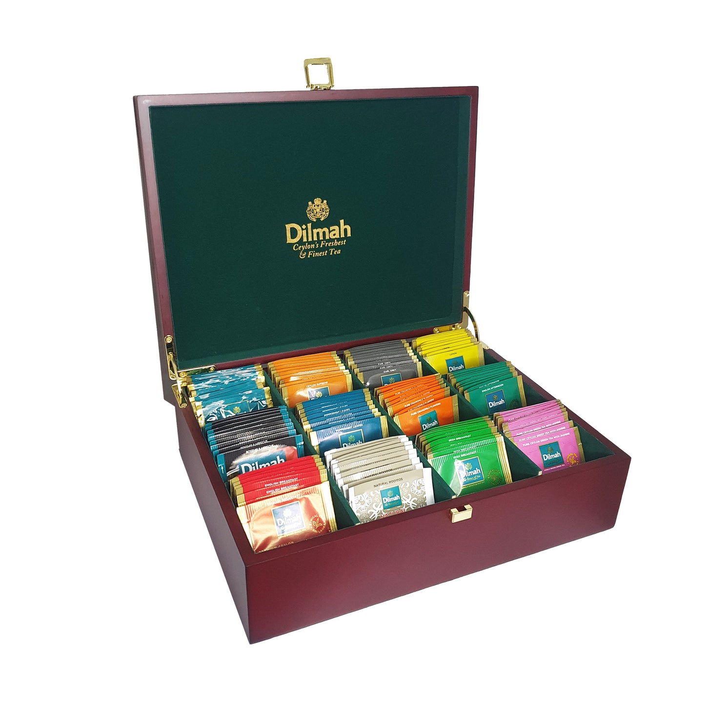 Dilmah Luxuriöse Tee-Präsentationstruhe aus Holz mit 120 umhüllten Teebeuteln – Gourmet 12 Slot