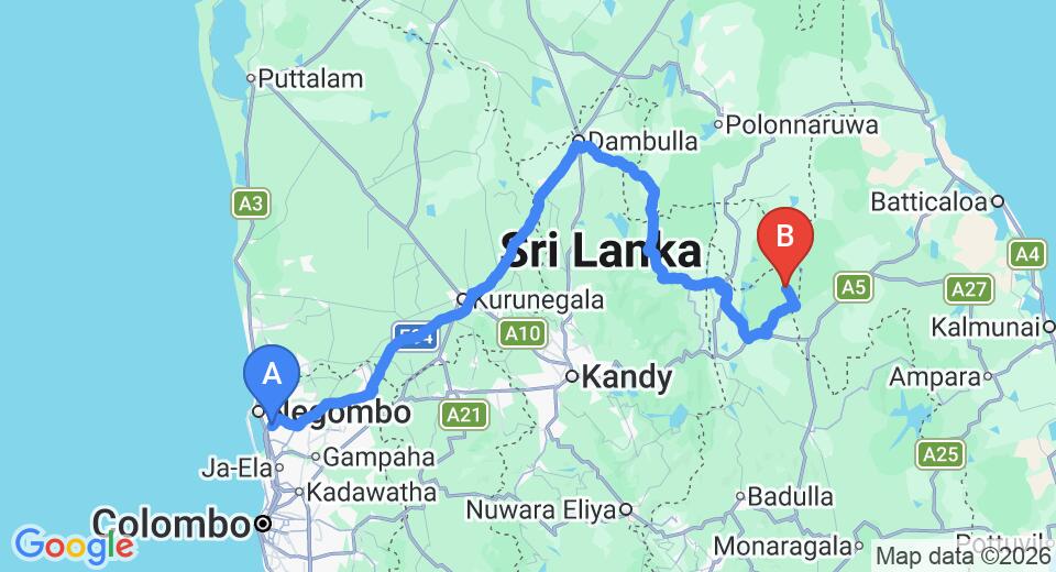 Driving route map: Colombo Airport (CMB) to Mahoora - Dambana, Mahiyanganaya (246 km, approx 5 h 14 min private transfer)