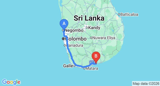 Driving route map: Colombo Airport (CMB) to Fisherman's Cove Kalmetiya, Kalametiya (229 km, approx 3 h 8 min private transfer)
