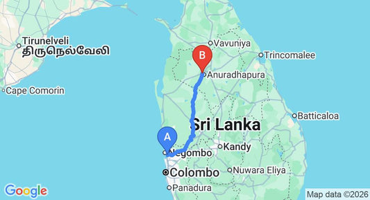 Driving route map: Colombo Airport (CMB) to Heritage Hotel, Anuradhapura (172 km, approx 3 h 42 min private transfer)