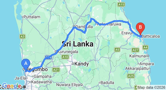 Driving route map: Colombo Airport (CMB) to Deep Sea Resort, Batticaloa (297 km, approx 6 h 13 min private transfer)
