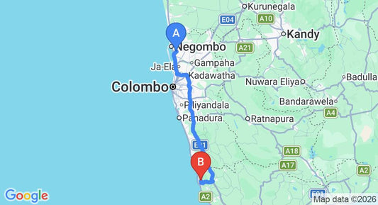 Driving route map: Colombo Airport (CMB) to Araliya Villa, Balapitiya (129 km, approx 1 h 57 min private transfer)