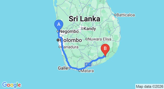 Driving route map: Colombo Airport (CMB) to Katagamuwa Piyasa Holiday Bungalow, Yala (290 km, approx 3 h 53 min private transfer)