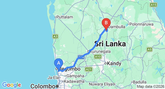 Driving route map: Colombo Airport (CMB) to Boulder Range Resort, Dambulla (137 km, approx 3 h 2 min private transfer)