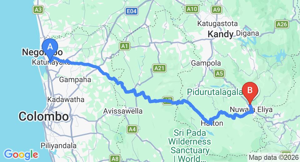 Driving route map: Colombo Airport (CMB) to King Fern Bungalow, Nuwara Eliya (155 km, approx 4 h 49 min private transfer)