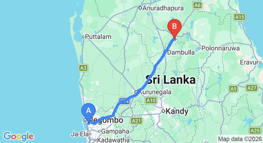 Driving route map: Colombo Airport (CMB) to Amaara Forest Hotel, Sigiriya (150 km, approx 3 h 16 min private transfer)