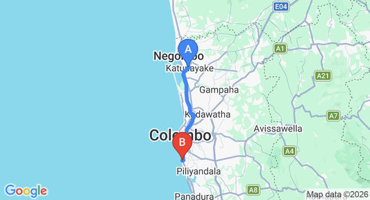 Driving route map: Colombo Airport (CMB) to Mount Breeze, Mount Lavinia (42 km, approx 1 h 8 min private transfer)