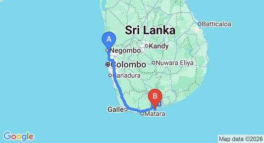 Driving route map: Colombo Airport (CMB) to Mountain seaview cabanas, Tangalle (217 km, approx 2 h 54 min private transfer)