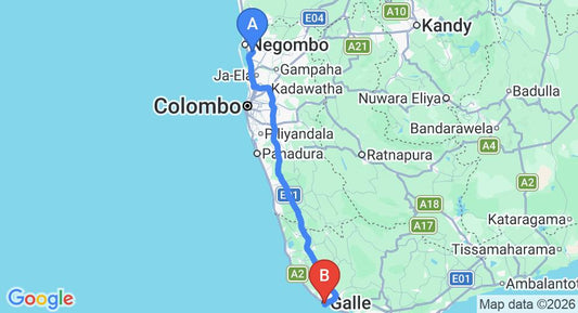 Driving route map: Colombo Airport (CMB) to Taru Villas-Rampalt Street, Galle (153 km, approx 2 h 13 min private transfer)