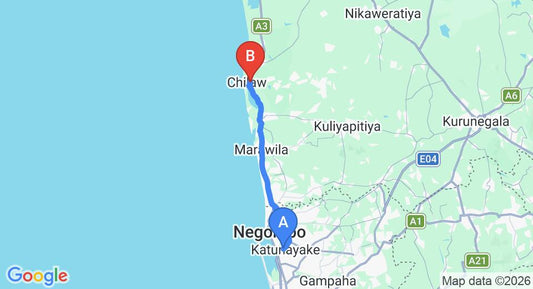 Driving route map: Colombo Airport (CMB) to Hotel Athina and Restaurant, Chilaw (53 km, approx 1 h 30 min private transfer)