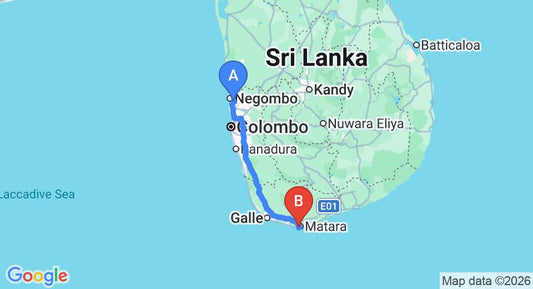 Driving route map: Colombo Airport (CMB) to Polhena Reef Garden, Matara (184 km, approx 2 h 34 min private transfer)