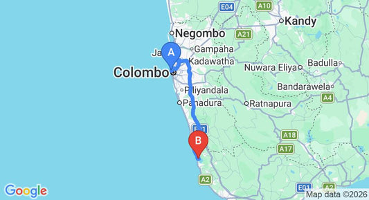 Driving route map: Colombo Seaport to Ahungalla (116 km, approx 1 h 58 min private transfer)