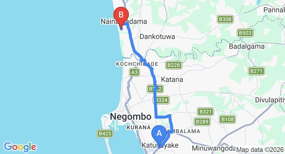 Driving route map: Colombo Airport (CMB) to Kumudu Valley Resort, Negombo (23 km, approx 45 min private transfer)