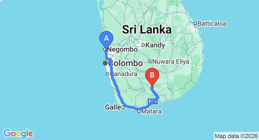 Driving route map: Colombo Airport (CMB) to Udawalawe Safari Bungalow, Udawalawe (259 km, approx 3 h 38 min private transfer)