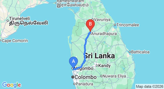 Driving route map: Colombo Airport (CMB) to Happy Leoni Hotel, Anuradhapura (178 km, approx 3 h 53 min private transfer)