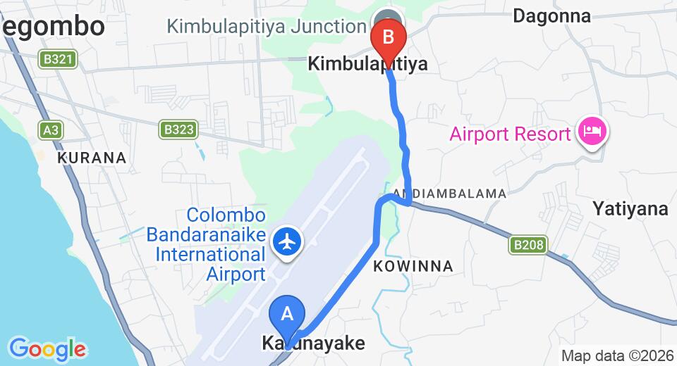 Driving route map: Colombo Airport (CMB) to Airport Square Villa, Katunayake (5 km, approx 11 min private transfer)