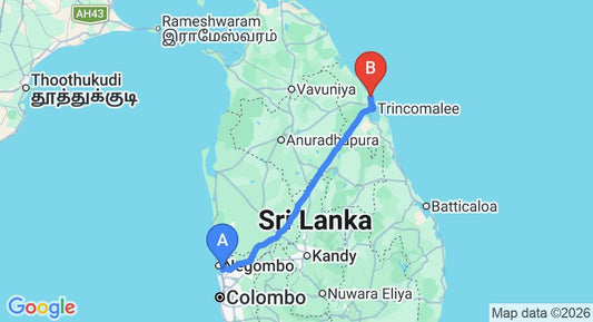 Driving route map: Colombo Airport (CMB) to Cardamon Hotel, Nilaveli (247 km, approx 5 h 4 min private transfer)