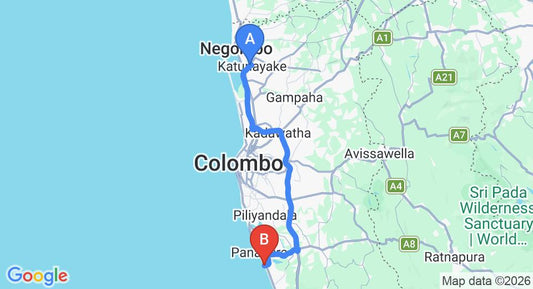 Driving route map: Colombo Airport (CMB) to Laya Beach, Wadduwa (77 km, approx 1 h 25 min private transfer)